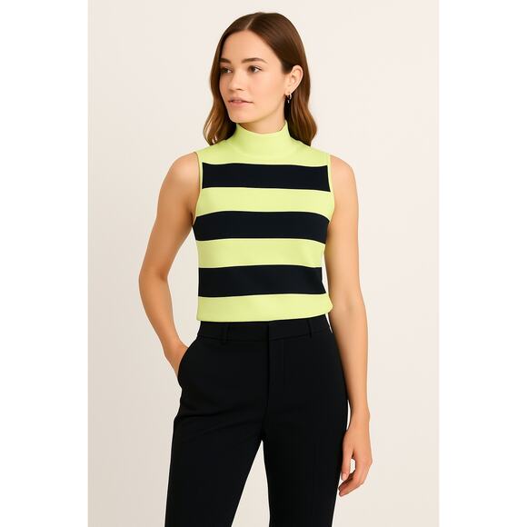 Carlisle Women’s XL Sleeveless Striped Mock Neck Top Green Black Silk Blend - Picture 1 of 9